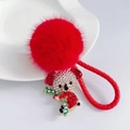 Detail of red koala keychain featuring sparkling rhinestones and a fluffy faux fur pompom - Red + Heart Lanyard + Pom Pom / Red