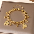 Double-layered gold stainless steel bracelet with hollow heart charms and cuban link chain - Box Chain Heart Rhinestone Style (KB203685-Z)
