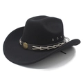 Classic black wool western cowboy hat with vintage leather band and sunburst metal buckle - M (56-58cm) / Black