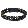 Detail of leather braid and tiger eye beads with black magnetic clasp on men's bracelet - 19cm / Lava Stone and Tiger Eye (Style-2)