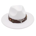 Close-up of white felt western hat featuring leather band and silver bull head emblem - One Size(Adjustable) / White