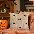Square plush Halloween pillow cover with cute white ghost patterns on fuzzy surface - 18x18 Inch / Beige Ghost