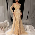 Detail of elegant gold sequin evening gown with lace embroidery and tulle mermaid train - S / Dresses / Gold