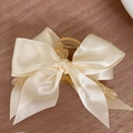 Classic beige satin ribbon bow hair claw clip with ivory finish for women - Beige Satin Bow Claw