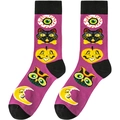 Dettaglio di calze di Halloween con motivi viola con zucche, gufi e gatti neri decorati - A2019 Viola Halloween Occhio