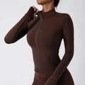 Deep brown slim fit sports jacket with zipper and thumbholes in high-stretch fabric - S / Tops / Dark Brown
