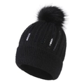 Detail of black knit beanie with sequins and matching faux fur pom pom for winter wear - Adult / Black