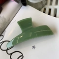 Top view of a grass green resin hair claw clip resting on an open magazine page - Leaf Green