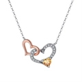Bohemian double interlocking heart necklace with yellow gemstone and rose gold accents - Peridot White Gold Plated, Approx. 1.78g