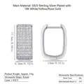S925 silver hoop earrings plated in 18K white gold with pavé-set moissanite stones - Rectangular/E13487