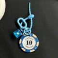 Blue Las Vegas Poker Club chip keychain with blue dice and matching plastic hook - Blue Chip 10 With Clear Blue Dice Keychain (CS001-10)