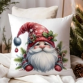 Christmas elf watercolor pillow cover with Santa hat and pine branches on white fabric - CDR381-14