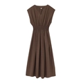 Robe longue sans manches col en V pour femmes marron foncé avec taille élastiquée - XS / Marron