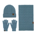 Winter knit set featuring a steel blue beanie, scarf, and gloves with snowflake patches - Blue 3-Piece Set