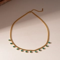 Detail of gold necklace featuring twelve green teardrop charms on a delicate chain - Green Water Drop Style