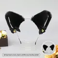 Handmade black plush fox ear headband with white inner fur and golden bells for cosplay - One Size / Q-Folded Ear Ding-Dong - Black/White Lining