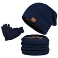 Dark blue 3-piece winter set with knit beanie, scarf and touch screen gloves - 3-Piece Set (Hat+Scarf+Gloves) / Navy Blue