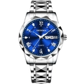 Men's quartz watch with blue sunray dial and silver steel strap with butterfly buckle - Silver Band Blue Dial Men
