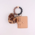 Silicone beaded wristlet with khaki card holder and brown leopard plush heart charm - Coffee Leopard