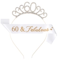 Golden 60 Fabulous rhinestone tiara with white sash set for 60th birthday party celebration - 60th Birthday Gold Tiara White Sash