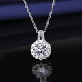 Macro view of a round halo pendant with sparkling white gemstone on a silver chain - 2-carat Sunflower Necklace Xl-6