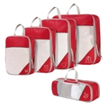 Red 5-piece compression travel organizer set with gray trim and mesh waterproof material - Five-Piece Set / Red