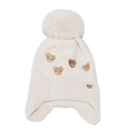 Cream knit baby beanie with cute bear embroidery and a fluffy faux fur pom-pom topper - M (52-54cm) / Beige