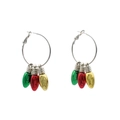 Macro detail of Christmas hoop earrings with red, green, and yellow bulb-shaped pendants - Hoop with Colorful Light Bulbs