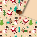Roll of beige Christmas kraft paper featuring festive Santa, snowman and reindeer prints - Christmas Character