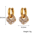 Golden U-shaped pearl earrings with rhinestones, 28.2mm height and 16.2mm width - Square Rhinestone Pearl Pendant Thick Hoop Earrings / Gold