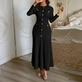 Elegant black knit short sleeve midi dress with gold buttons and fishtail hem - S / Black
