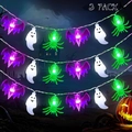 3 Pack solar Halloween string lights with purple bat, white ghost, and green spider LEDs - Purple Bat Green Spider Ghost Mix / 1.5m 10 LEDs Battery Operated