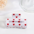 White heart print hair claw clip with red hearts and pink grid on a silk background - White with Pink Grid and Red Hearts