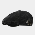 Vintage washed black denim newsboy cap with adjustable metal side buckle and classic panels - Adjustable / Black