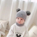 Infant winter knit hat and scarf set in grey featuring dual pom-poms and bear embroidery - One Size / Bear Style / Gray