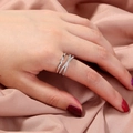 Double layered silver ring featuring a cross X design with micro paved zircon stones - SE792 Inlaid Diamond