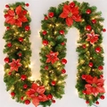 Guirnalda navideña verde con flores de nochebuena rojas y luces LED cálidas - 1.8m / Ratán Rojo (con luces)