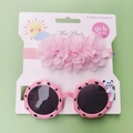 Pink round sunglasses with panda decoration and matching floral mesh headband on display card - Pink Chiffon Flower Set