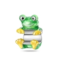 Detailed view of 925 silver frog charm bead with green enamel and yellow accents - Green Frog Style (6127635311952)