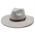 Detail of light gray wide brim felt hat featuring a brown braided band and metal buckle - M (56-59cm) / Light Grey (Suede)