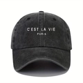 Detailed view of dark grey washed cotton baseball cap with C'EST LA VIE PARIS print - Black