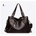 Retro coffee brown PU leather tote bag with silver zipper detail and adjustable strap - 9059 Coffee