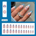 French almond press-on nails with blue tips and white cloud designs, 24 pieces - Glue Type / Cat Eye Cloud Style (W1554)