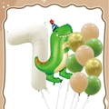 Cream white number 1 foil balloon with cartoon green dinosaur and earth tone balloons - FG17 Dinosaur Theme Number 1 (New)
