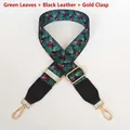 Detail of adjustable floral shoulder strap with tropical green leaves and gold hardware - Green Leaves + Black Leather / Silver Hook