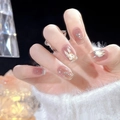 Pink gradient press-on nails with white 3D bunny, pearls, and silver accents - BY1025# Sweet Jade Rabbit / Glue Type