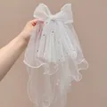 White bridal hair bow veil with pearls and sequins for flower girls, 40cm length - Sequined Floating Veil