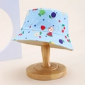Close-up of children's blue sun hat with vibrant fruit patterns on cotton fabric - Kids One Size / Light Blue (Colorful Fruit)