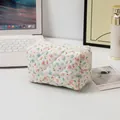 Quilted floral cosmetic bag with pink and blue blossoms and white zipper closure - Quilted Square Red Green Blue Floral