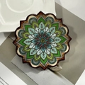 Bohemian gold-foiled ceramic coaster with blue mandala pattern on white background - Cyan Colorful Mandala